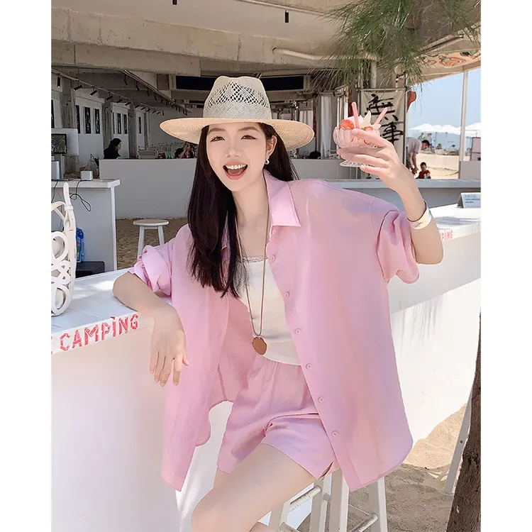 A美洋MEIYANG 海岛假日套装【商场同款】 竖纹麻感 衬衫阔腿短裤