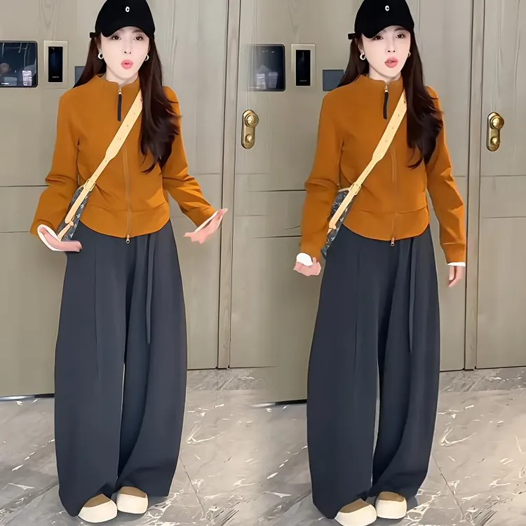 时尚套装女长袖连帽双拉链开衫卫衣外套秋季新款休闲阔腿裤两件套