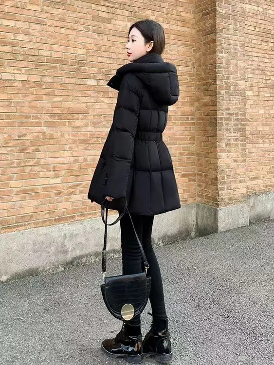 冬季棉衣修身型仙女风连帽女中长款收腰黑色百搭加厚韩版棉服