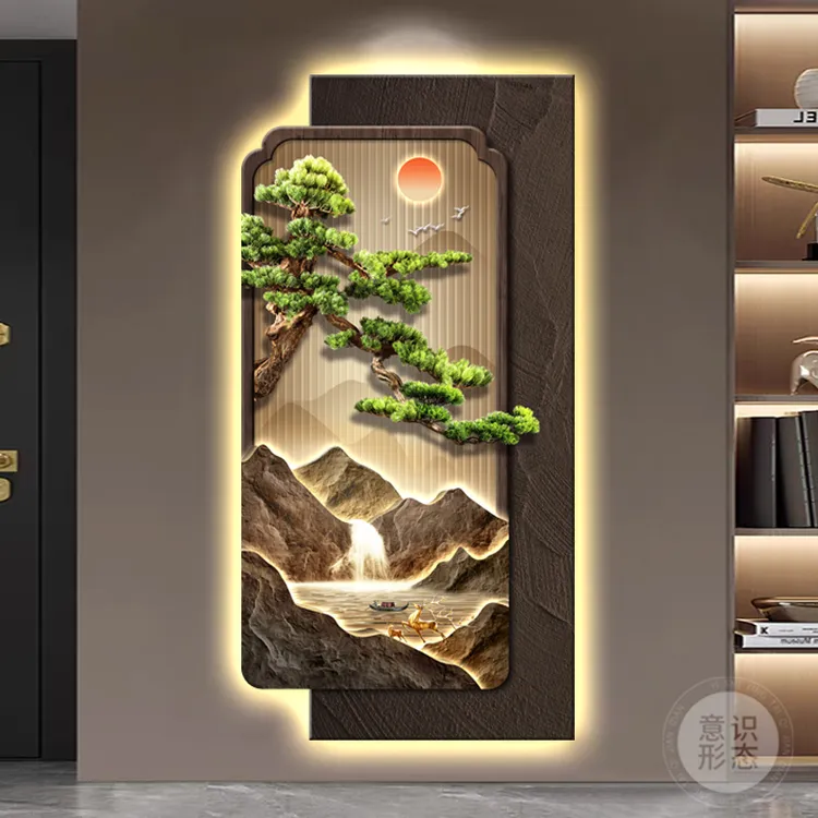 迎客松玄关装饰画流水生财入户正对门挂画高级感带灯走廊过道壁画