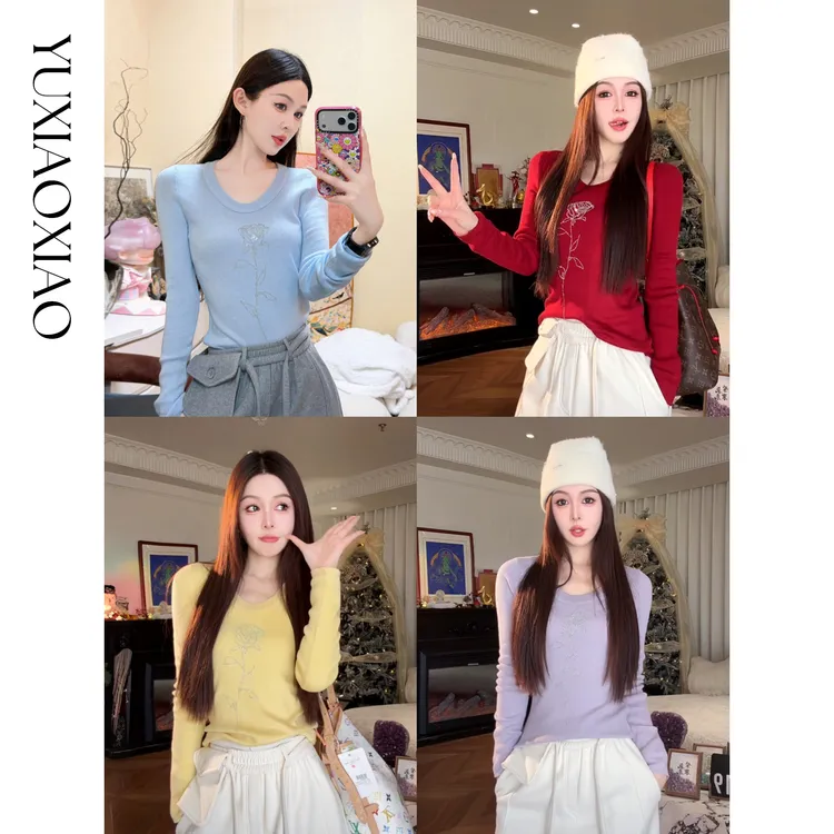 余潇潇【玫瑰物语】桑蚕丝绵羊毛混纺玫瑰花烫钻大圆领打底毛衫