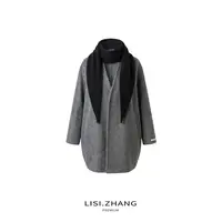 LISI.ZHANG--【围巾毛呢外套】浴袍式V领中长款羊毛双面呢外套上衣