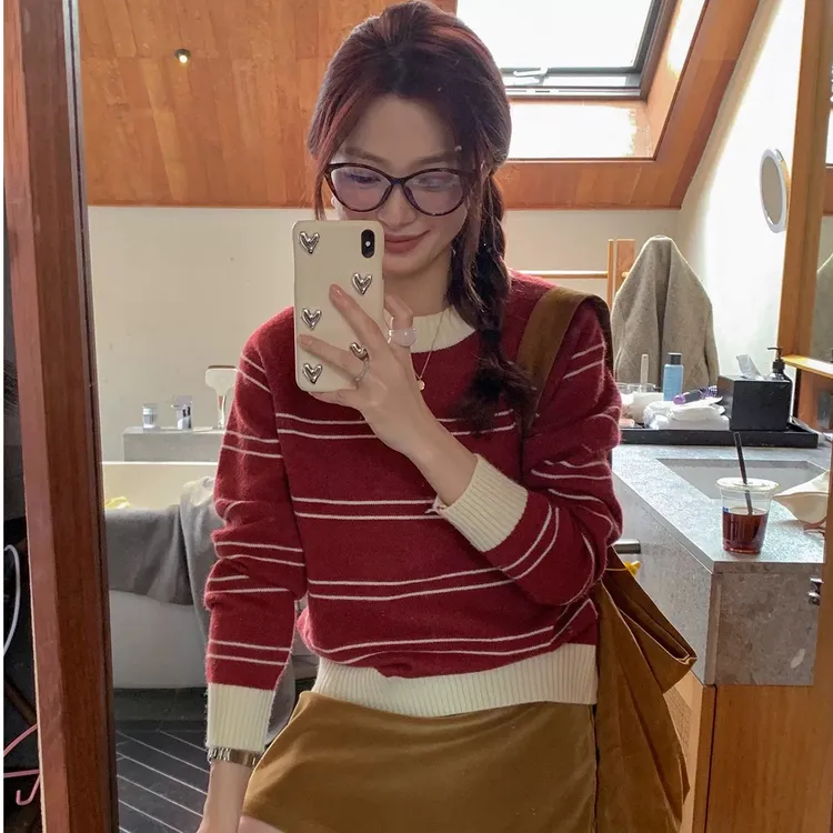 韩系条纹软糯秋冬小个子女冬季打底毛衣百搭复古套头针织内搭外穿