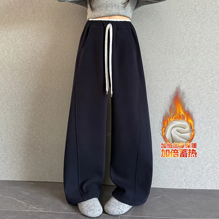 女童加绒裤子秋冬2025新款儿童弯刀阔腿裤女大童冬装加厚休闲卫裤