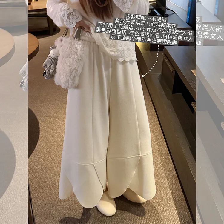 张涩涩“怡然间奏”梨子天选裤型！白色多片式毛呢阔腿花瓣裤
