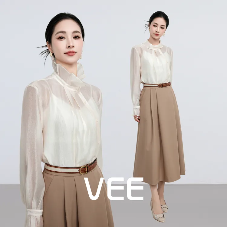 VEE【栀子花开】早春气质长袖衬衫女时尚花苞领设计洋气衬衣上衣