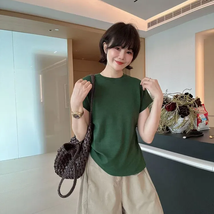 春夏纯色正肩百搭简约圆领弹力修身显瘦短袖T恤