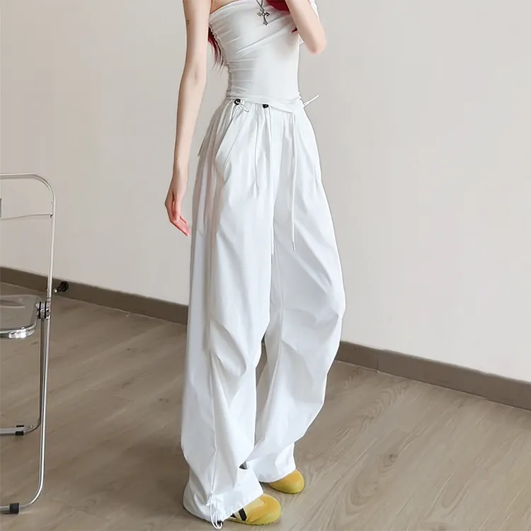 白色工装裤女款秋季2025新款美式街舞休闲直筒复古小个子降落伞裤