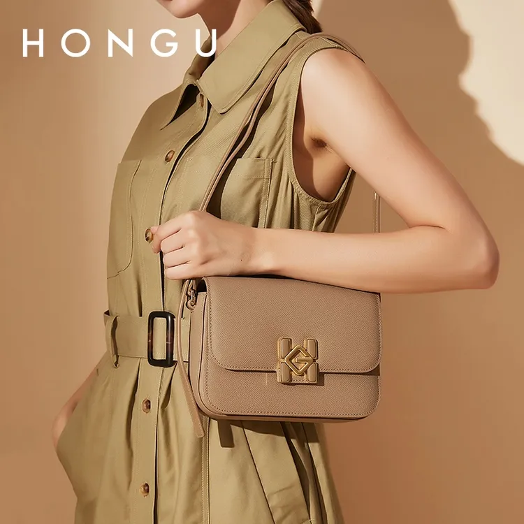 HONGU/红谷新款牛皮单肩斜挎包时尚通勤百搭豆腐包女包H5175893