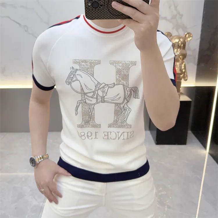 欧货轻奢高品质秋冬半袖羊毛衫秋季男士针织毛衣烫钻圆领短袖501