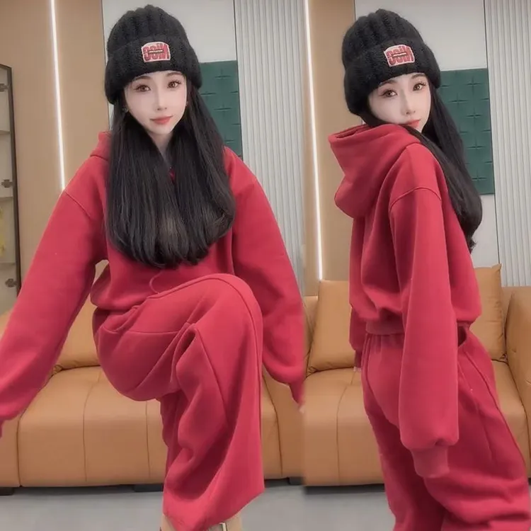 2025冬季新款加绒加厚卫衣套装女宽松大码气质时尚网红显瘦两件套