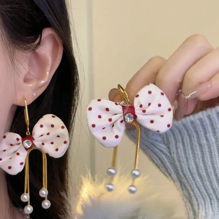 合金布艺耳饰 小确幸~韩版奶油波点蝴蝶结耳钉女温柔气质流苏耳环
