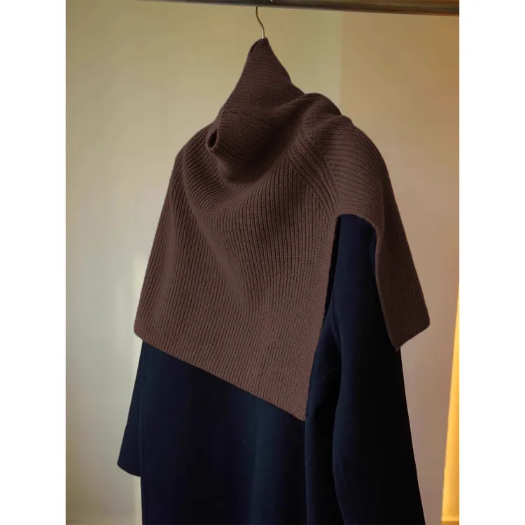 不规则咖色高领针织披肩围脖女秋冬高级感叠穿套头围巾保暖脖套