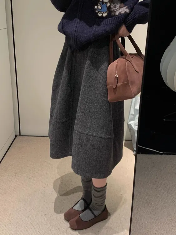 复古毛呢百搭A字半身裙女秋冬新款韩系高级感极简压褶显瘦中长裙