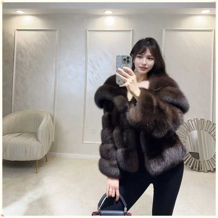 俄罗斯黑金农夫貂环保皮草外套女2025秋冬时尚新款大翻领大衣