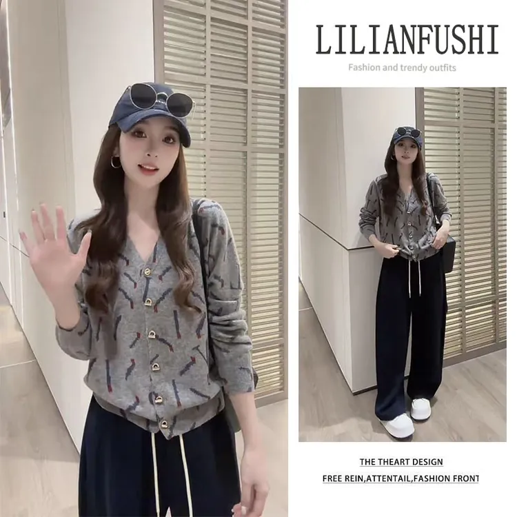 【现货】时尚穿搭女2025秋季新款宽松针织开衫显瘦阔腿休闲裤两件套