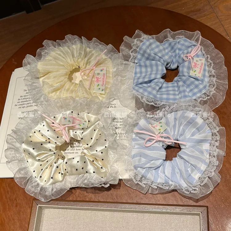 超可爱温柔格纹波点蕾丝花边大肠发圈高颜值气质百搭丸子头发绳女