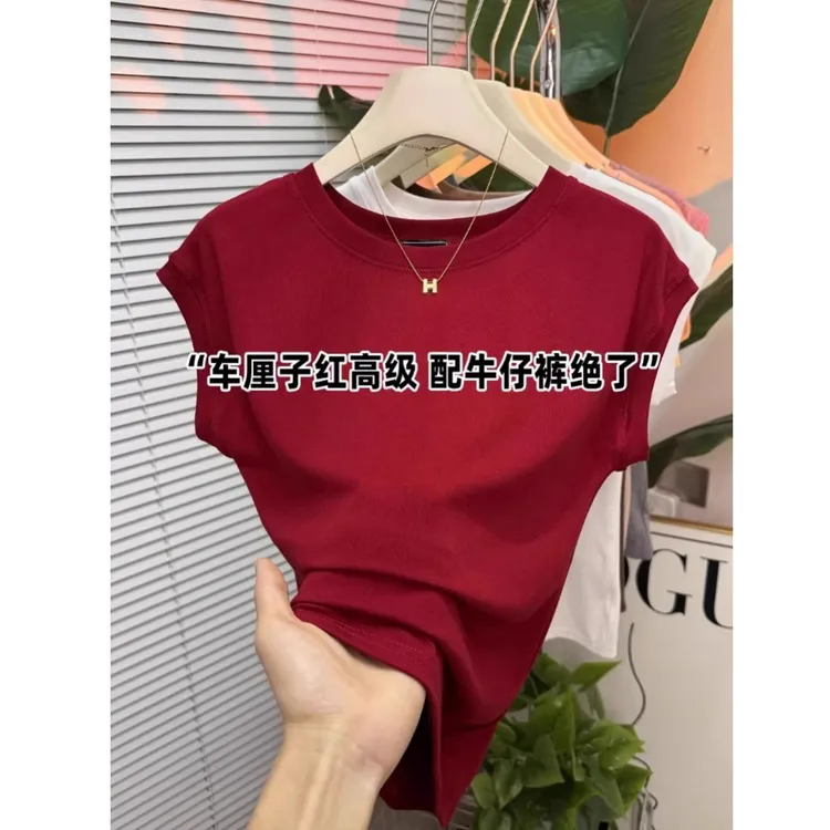 红色正肩短袖t恤女2025年新款爆款夏季修身设计感小飞袖辣妹上衣