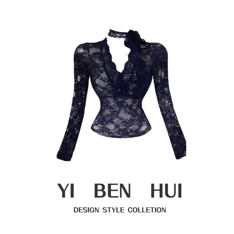 秋冬加绒蕾丝长袖性感飘带V领黑色蕾丝衫打底衫内搭纯欲御姐上衣