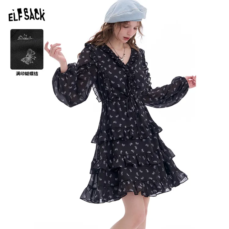 妖精的口袋 夜玫瑰舞会 蝴蝶结满印法式V领连衣裙2025夏新款