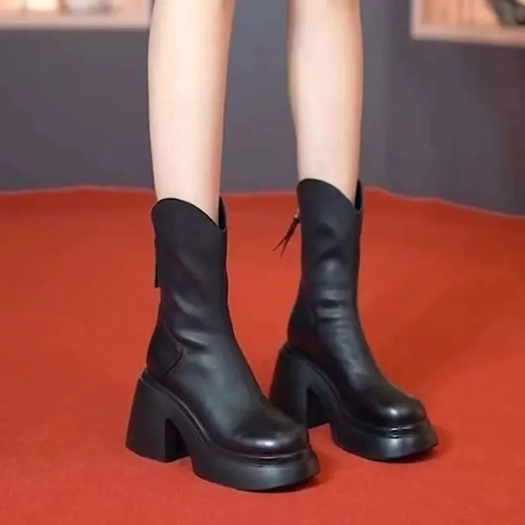 复古超软厚底后拉链小个子显瘦简约靴子2025秋冬新款中筒马丁靴女