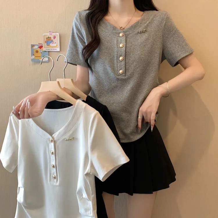 2025夏季新款大码女装收腰显瘦正肩短袖T恤上衣 3295