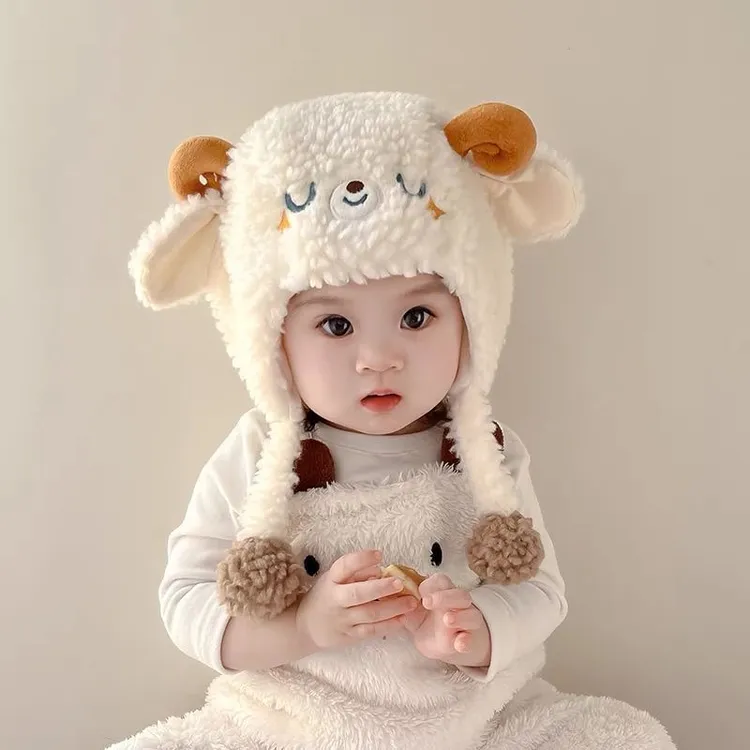 婴儿帽子秋冬季可爱小羊宝宝毛绒加厚保暖护耳帽男女童套头帽冬天