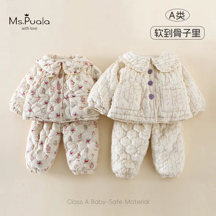 【MsPuala小火炉】婴幼儿女宝宝套装冬款翻领束脚加绒家居服两件套