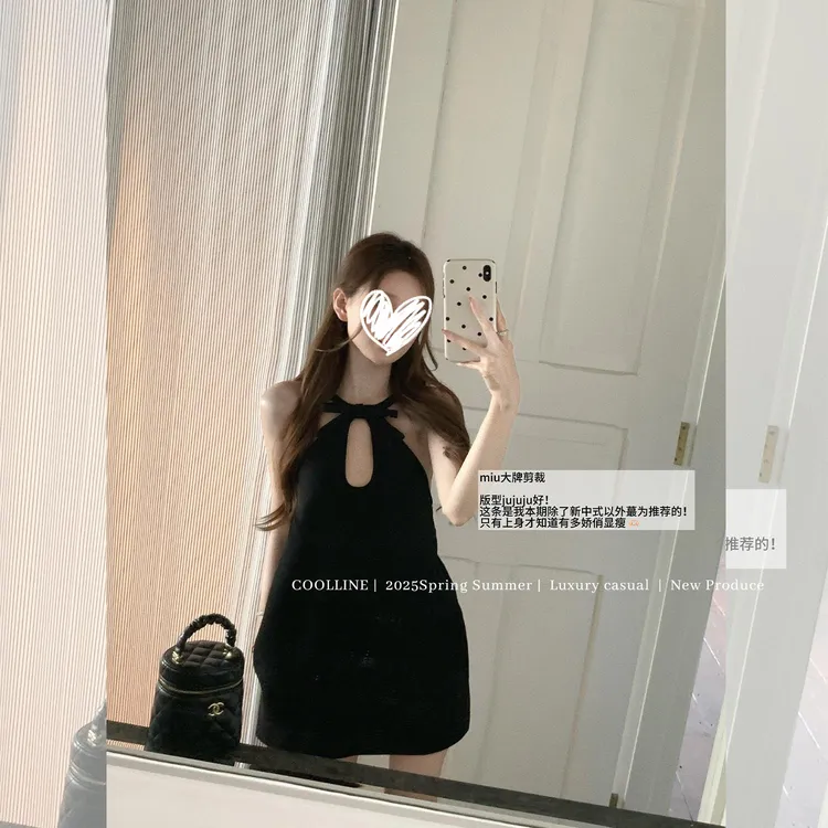 法式miu系蝴蝶结设计感短款打底连衣裙夏名媛千金露背黑色挂脖裙