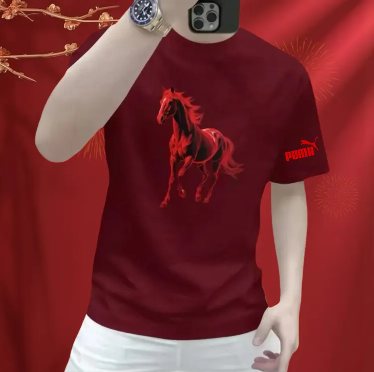 2026马年爆款纯棉骏马印花短袖T恤男士本命年红色高级感体恤上衣
