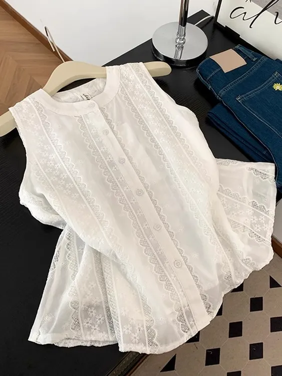夏季法式气质重工提花刺绣无袖背心衬衫女设计感宽松显瘦圆领上衣