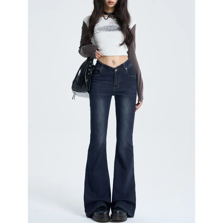 美式复古低腰微喇叭牛仔裤女秋新款辣妹v腰修身显瘦直筒喇叭裤子