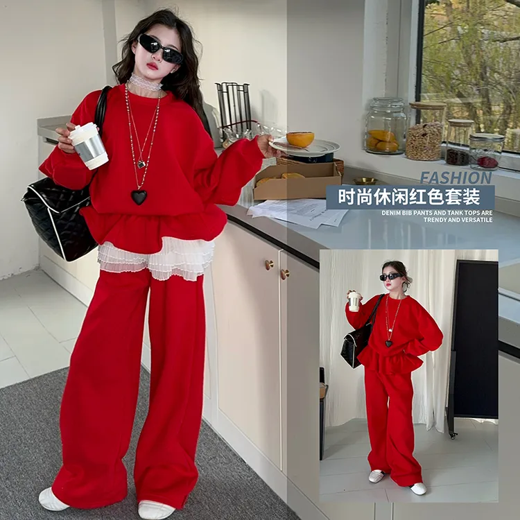 女童2025春秋净面红色荷叶边两件套6-12岁15中大童小女孩洋气套装