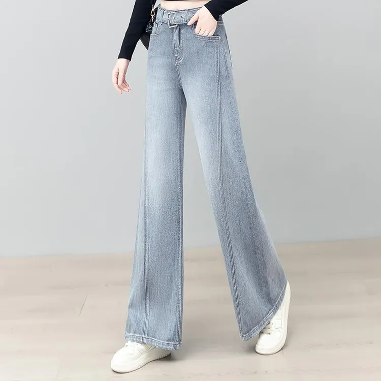 灰色阔腿牛仔裤女春秋2025年新款高腰薄款直筒裤宽松拖地显瘦裤子