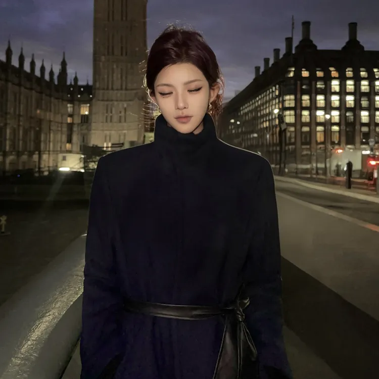 夏媛原创 伦敦的夜 高智感气质加绒毛呢大衣外套