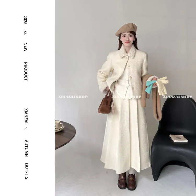 XIANZAI【黛西小姐长裙版】冬季新款韩系羊毛羽绒外套短裙两件套装