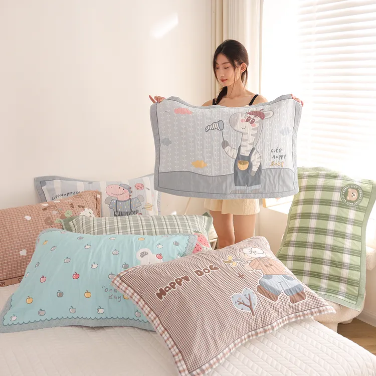 高密细纱纯棉纱布枕巾一对装全棉高透气舒适可爱提花柔软枕头盖巾