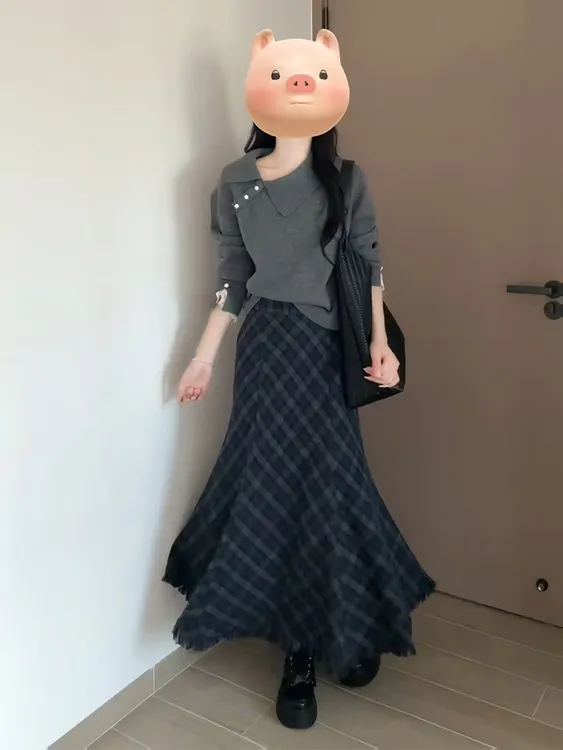 2025秋季潮流爆款长袖纯色格子宽松形气质针织衫格纹收腰半身裙女