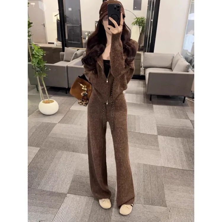 秋冬慵懒风针织套装女2025新款韩版咖色连帽拉链上衣+裤子两件套