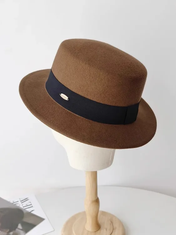 法式短檐平顶冬季小礼帽女英伦平檐大头围新款爵士帽子驼色黑色