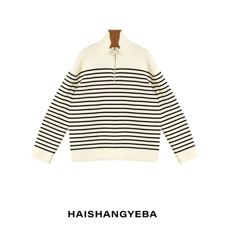【海上叶爸】新款2025秋冬百搭绵羊毛宽松条纹半拉链长袖毛衣