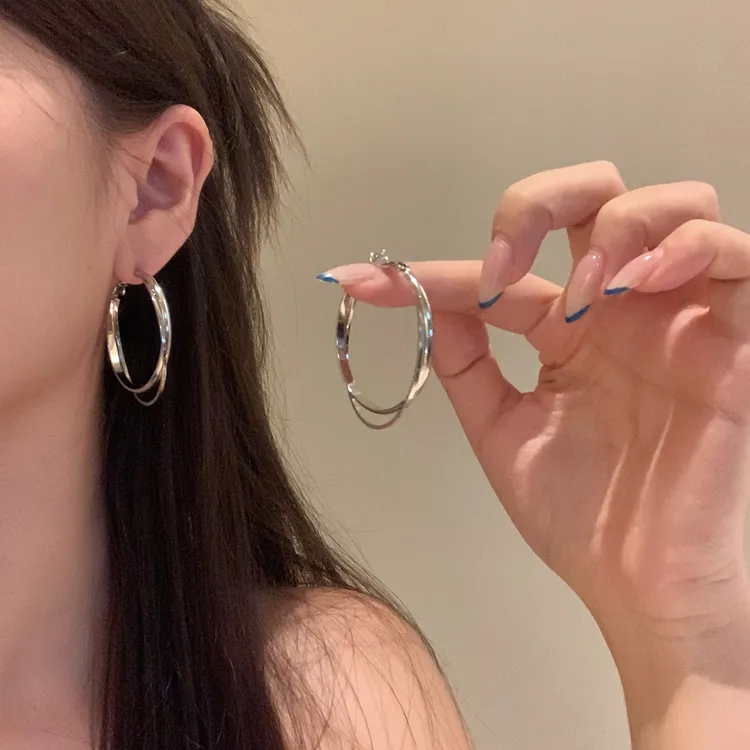 【极简主义】银色双层大耳圈耳环女百搭方圆脸素圈耳饰