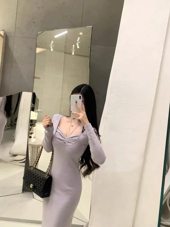 纯欲风性感辣妹女神挂脖裙系带包臀中长款针织长袖毛衣连衣裙长裙