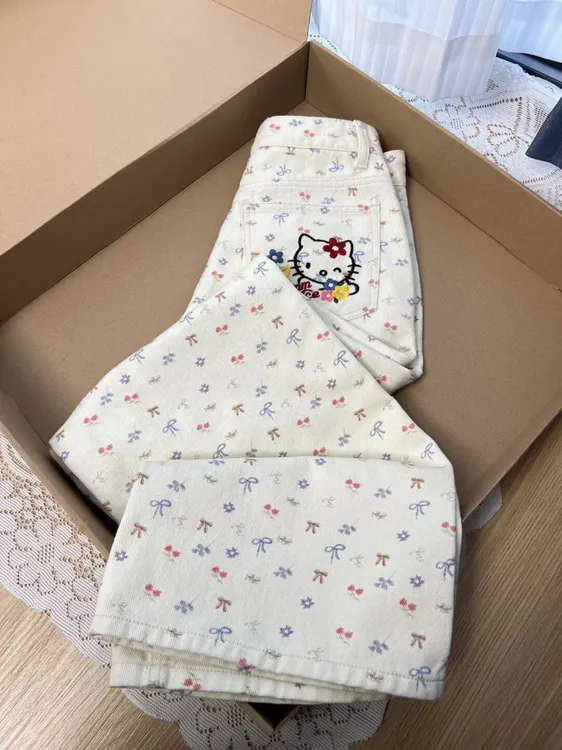 美式卡通kitty猫蝴蝶结碎花牛仔裤女2025新款秋冬设计感梧桐裤子