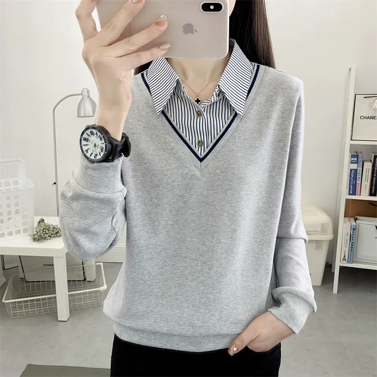 洋气假两件Polo领上衣打底小衫2025新款春秋宽松长袖T恤灰色卫衣