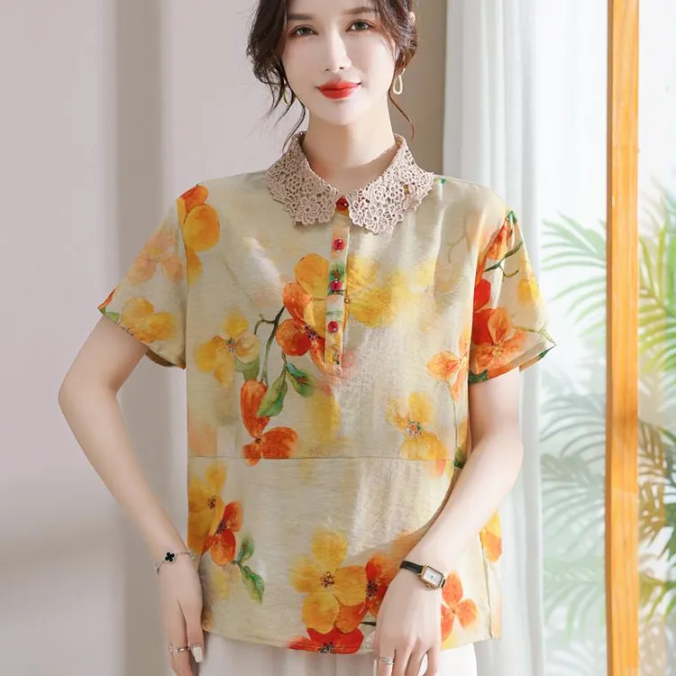 恒源祥彩羊妈妈装夏季仿棉麻两件套女短袖2025新款中老年人洋气冰