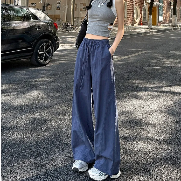 美式速干工装裤女款夏季薄款2025新款藏青色肌理感宽松阔腿运动裤