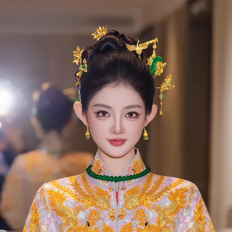 合金婚庆饰品 新娘中式头饰金色仙鹤古典绿色流苏新款发饰MT0160