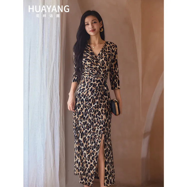 法国茵芝本INZB法式小资轻奢优雅豹纹扭结款连衣裙开叉裹身裙子