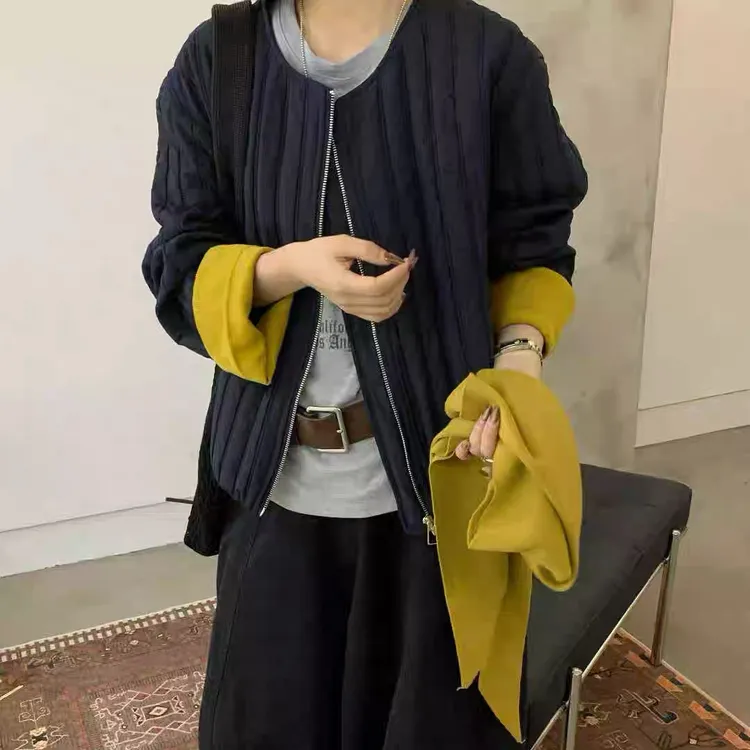 D999-3245【撞色棉服一】韩系秋冬新款竖坑条夹棉圆领拉链棉服外套